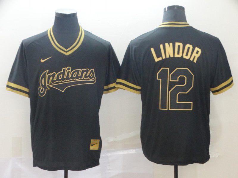 Men Cleveland Indians #12 Lindor Black gold Game Nike 2022 MLB Jersey